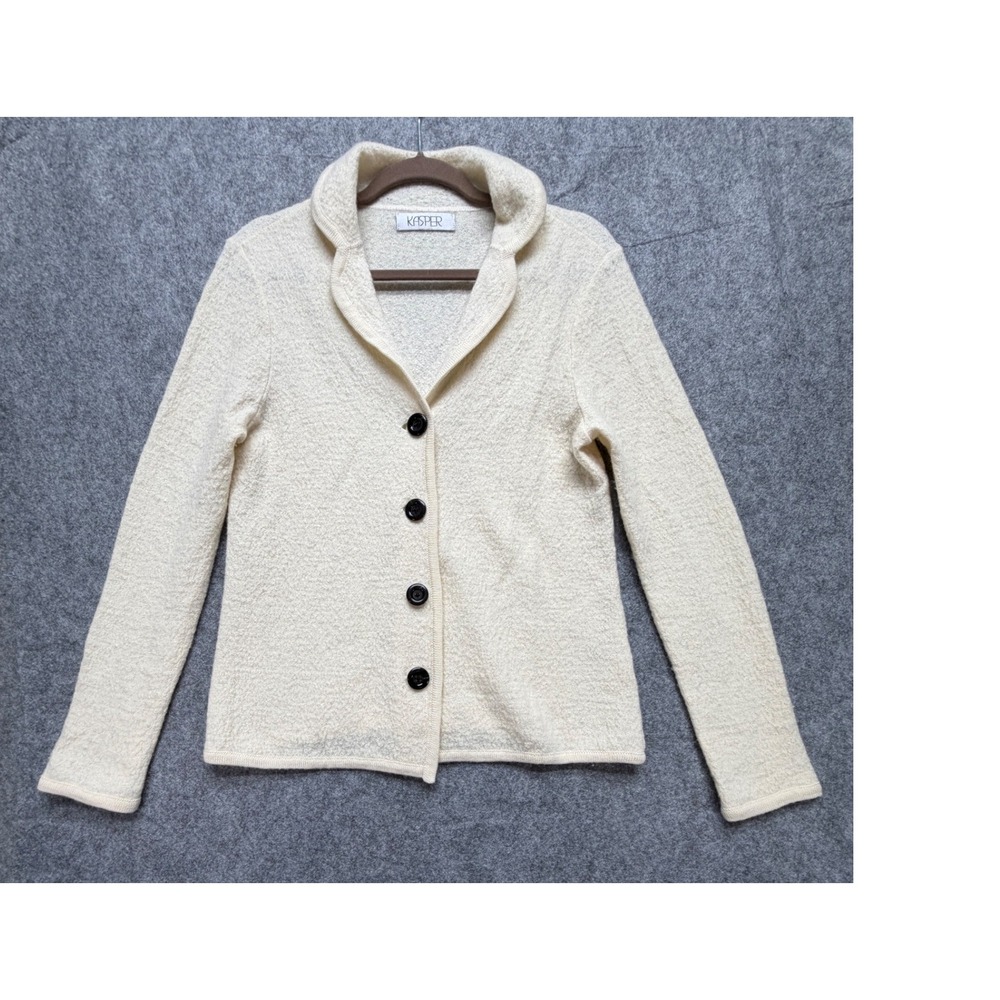 Kasper Cream Textured Boiled Wool Blend Button Front Shawl Collar Cardigan